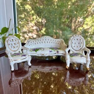 Vintage 3 Piece Porcelain Mini Furniture Set Purple Floral Gold Detail